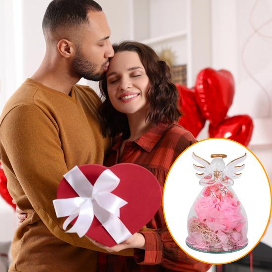 Preserved Rose Decoration Preserved Flowers In Glass Angel Figurine Clear Guardian Angel Keepsake Gift for Women Mom Wife Birthday Wedding Anniversary