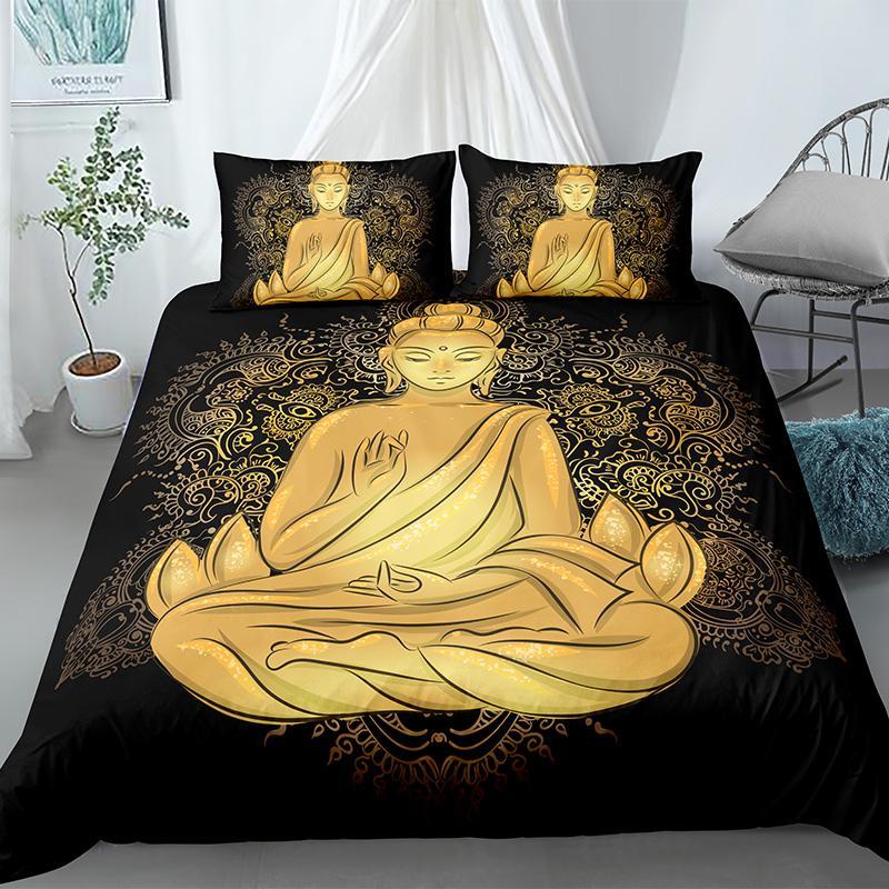 Комплект пододеяльника King Size с Буддой Экзотический Этнический Бохо Постельное белье Золотой Принт Будды Микрофибра Чехол для одеяла