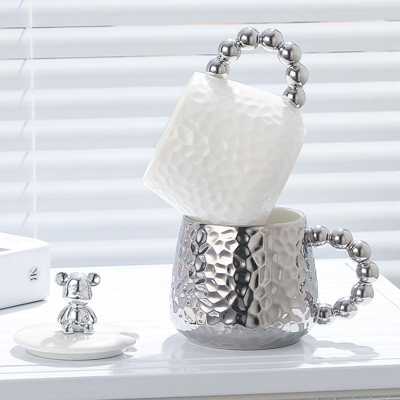European Style Couple Ceramic Coffee Cup Galvanized Silver Bear Mug Gift Office Teacup Living Room Breakfast Mug Home Decoration