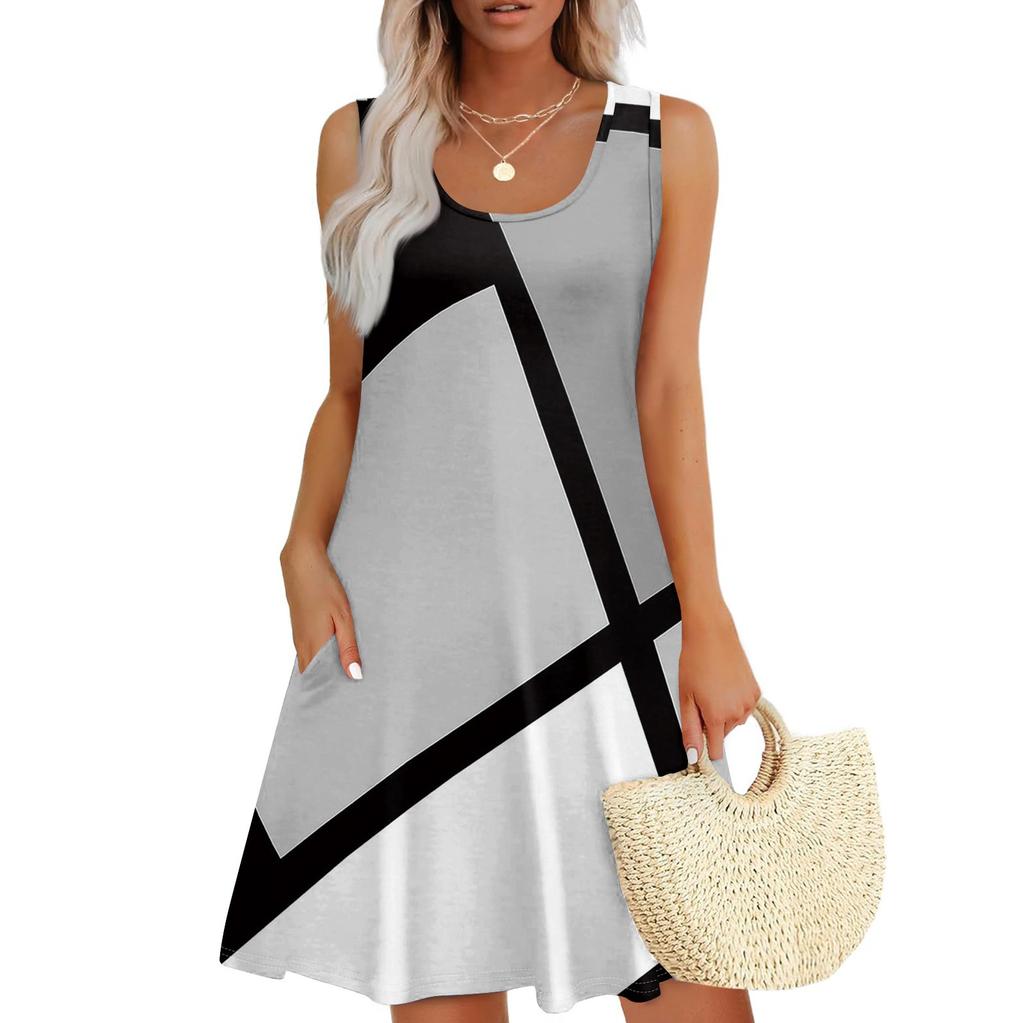 Женское летнее повседневное платье с квадратным вырезом и принтом в стиле пэчворк, платье без рукавов с карманами