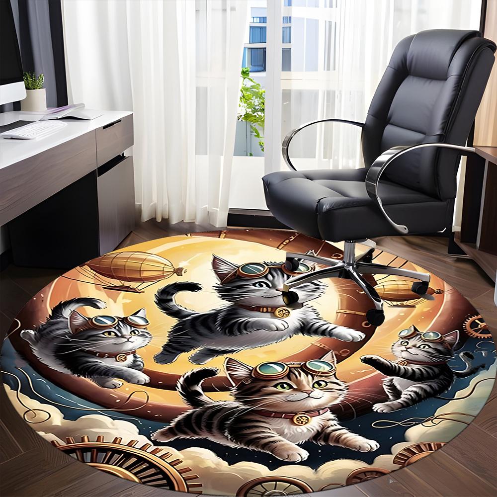 1pc Steampunk Cats Office Round Rug, Non-slip, Soft and Durable Office Rug for Interior Decoration, Perfect for Office, Beautiful Decoration yy2603230
