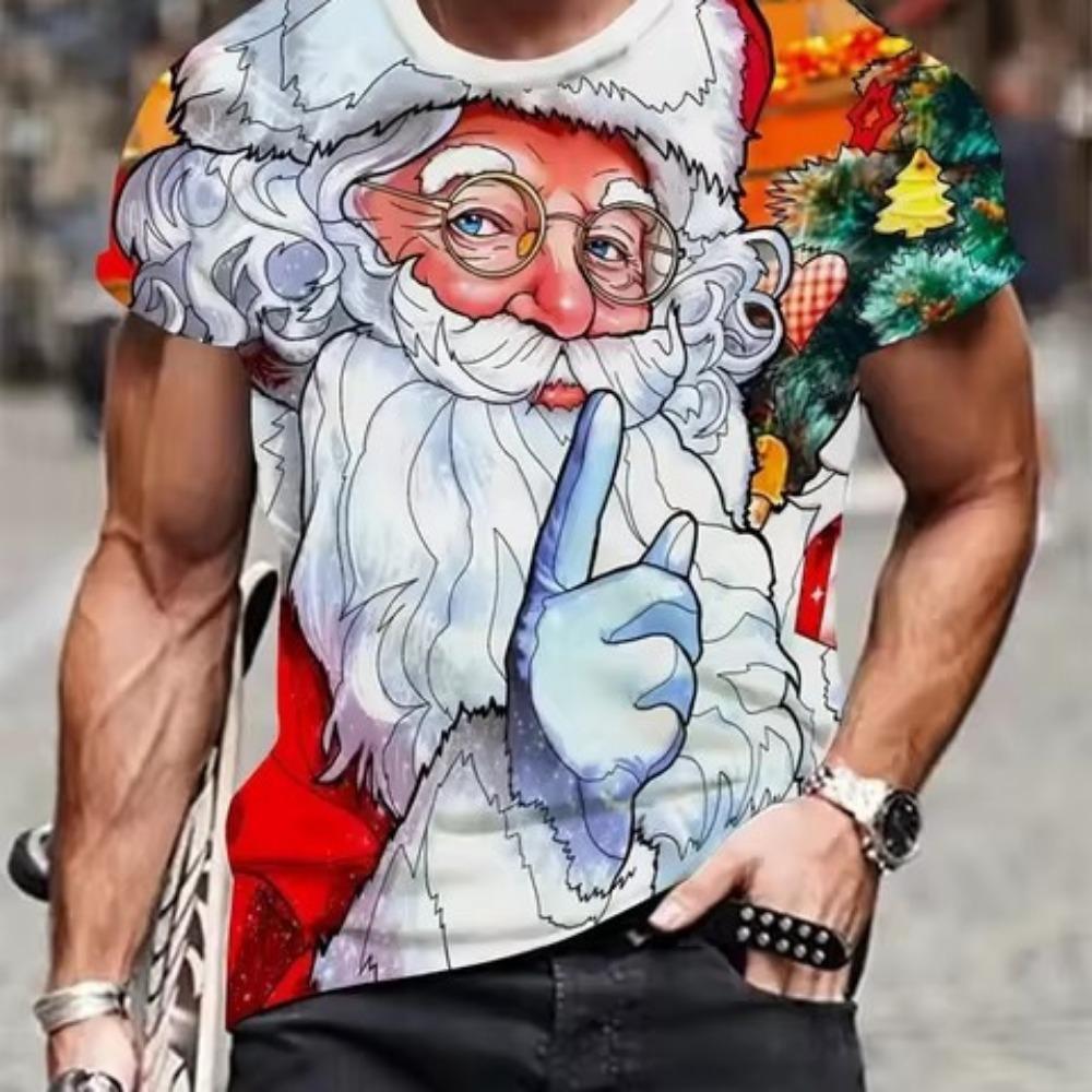 Santa Claus Pattern 3D Digital Print Men's Casual and Fashionable Round Neck Short Sleeved T-shirt