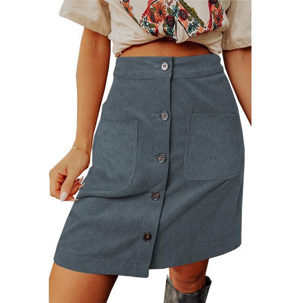 Women's Fashion Solid Color High Waist Corduroy Skirt Button Design Short Skirt