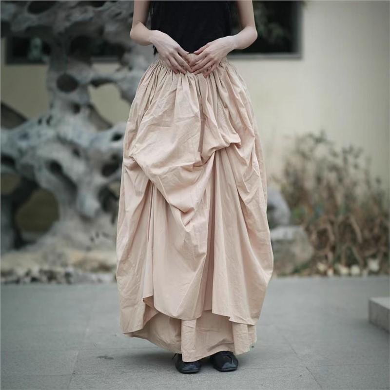 Johnature Women Vintage Irregular Skirts Elastic Waist Solid Color Summer Fold Female Skirts