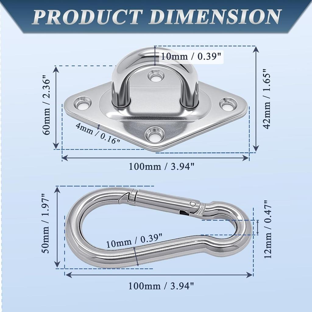 Stainless Steel Pad Eye Hooks2PCS M10 Snap Hooks,Heavy Duty Hammock for Hanging,1300lbs Capacity for Swing Set,Plant Hanger,Outdoor Lights