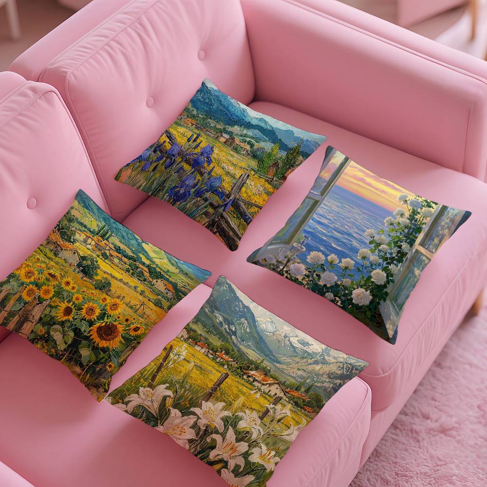 Landscape Painting Style Pillow Case Pattern Printing Pillowcase Living Room Sofa Cushion Cover Bedroom Room Decor