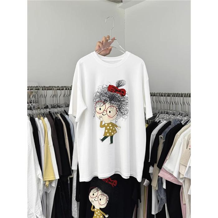 Pure Cotton Round Neck Short-sleeved T-shirt Women's 2025 New Casual Lazy Style Cartoon Printed T-shirt Top Tide