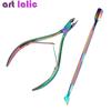 2Pcs/Set Nail Cuticle Nipper Double Spring Dead Skin Pusher Holographic Titanium Nail Art Manicure Pedicure Tools Kit