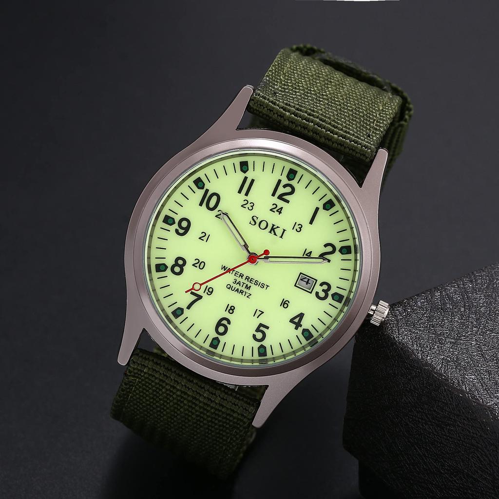 Arabic Imitation Military Luminous Large Nylon Green Men's Wristwatch, Waterproof, Luminous Numerals, Exquisite, Watch, Outdoor, 24-Hour Pointer,