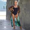 EDOLYNSA Зеленый купальник с леопардовым принтом, накидка в винтажную полоску с поясом, женское летнее длинное платье-кимоно, пляжное бикини, накидка Q1521