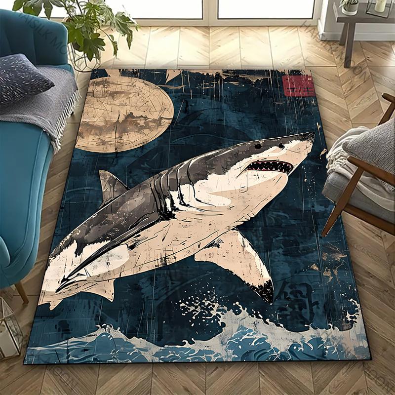 3D Shark Theme Printed Carpet Edgy Nautical Horror Statement Rug for Living Rooms Bedrooms, Office Areas, Durable Washable Mats