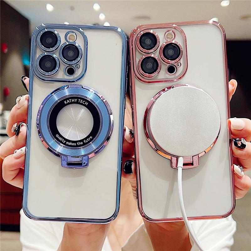 Роскошный чехол для iPhone 15 Pro Max с магнитной рамкой с гальваническим покрытием Magsafe и подставкой для телефона для iPhone 11 12 13 14 15 16 Plus Защитная крышка