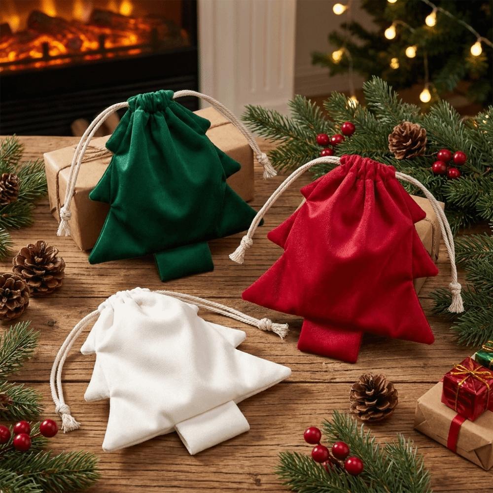 3Pcs/Set Solid Color Christmas Tree Gift Bags Tree Shaped Xmas Tree Hanging Pouch  Party Favors