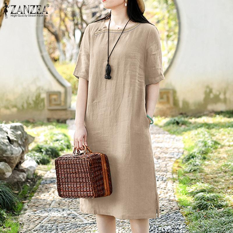 ZANZEA Женское повседневное хлопковое летнее платье с коротким рукавом и круглым вырезом