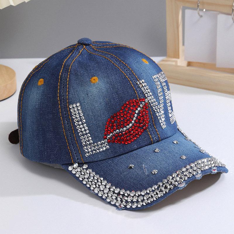 New Hip Hop Denim Cap Rhinestone Creative Lip Print Baseball Cap LOVE Alphabet Sun Hat Men's and Women's Cowboy Hats