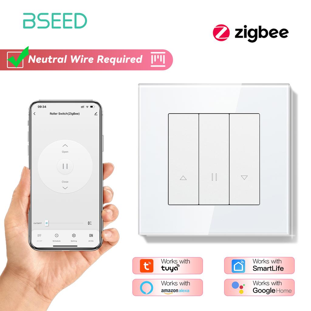 BSEED Zigbee Shutter Switch Series Wall Smart Click Switches Yellow Backlight Glass Frame Tuya APP Roller Switch EU Wall Sockets