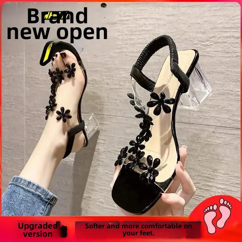 Модные женские модные летние босоножки с кристаллами 2024 года, толстые прозрачные босоножки на квадратном каблуке для женщин