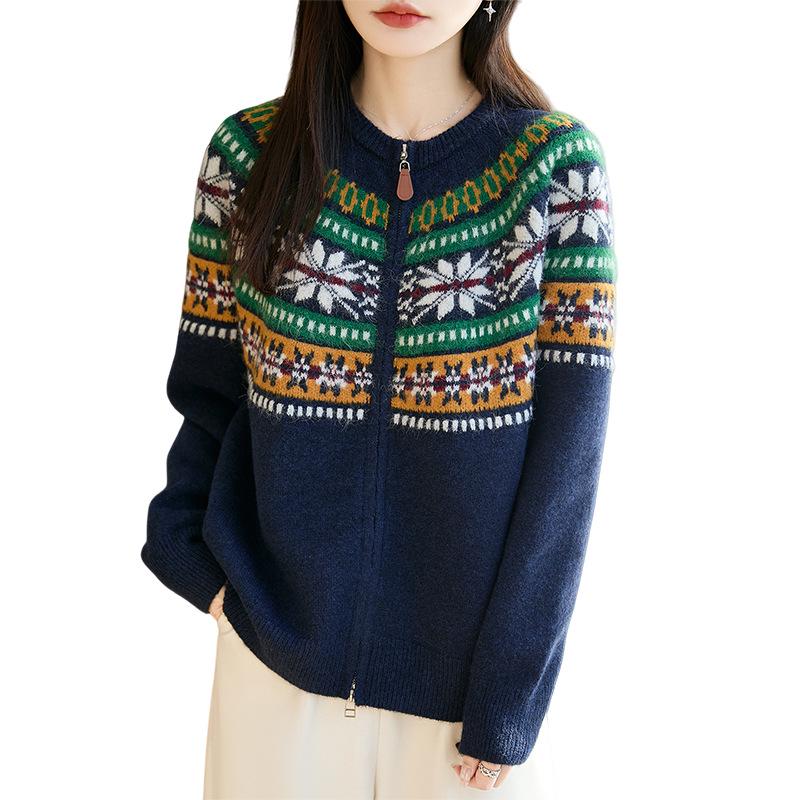 Женский ретро-кардиган с жаккардовым узором Fair Isle - с двойной молнией, теплый, модный красный кардиган