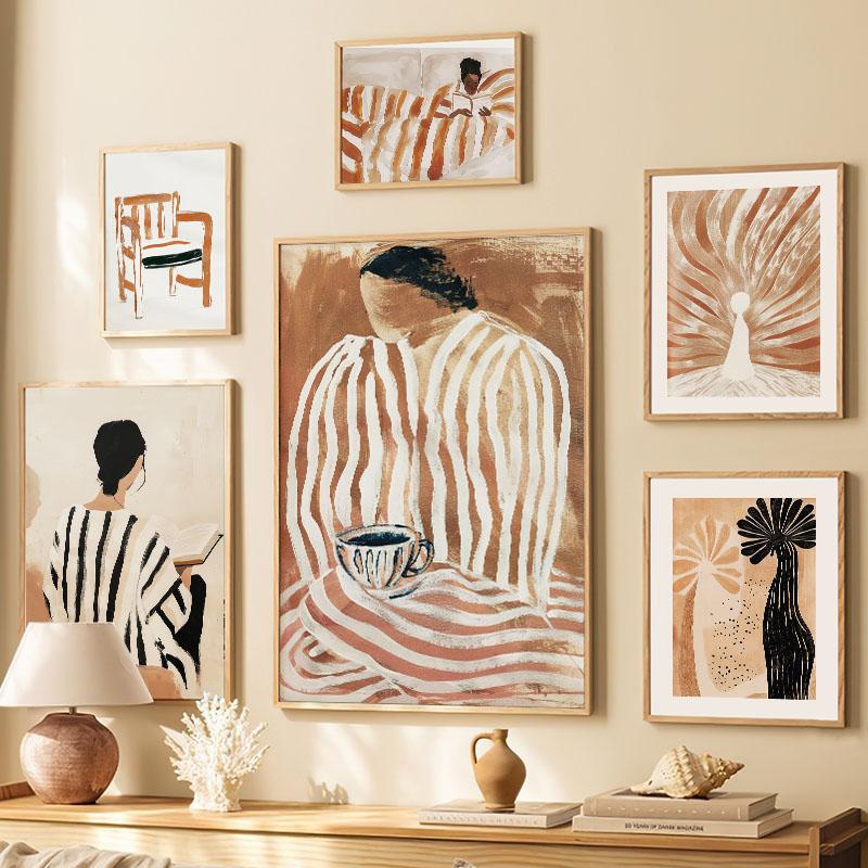 Полосатая девушка Книжная ваза Цветочное настенное искусство Холст Живопись Абстрактные постеры и принты Настенные картины для декора гостиной в отеле/баре