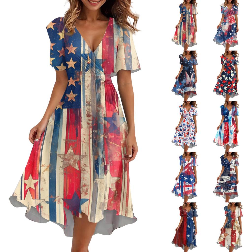 Women's Loose Casual V-Neck Flared Skirt Short Sleeved Printed Dress Printed Dress