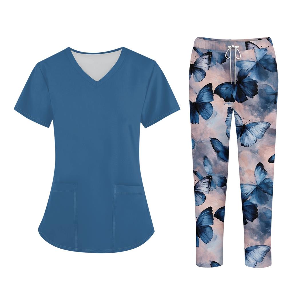 Plus SizePrinted Scrub Working Uniform Tops For Women's Cross V-Neck Halloween Print Short Sleeve Fun T-Shirts Workwear Tee With Pockets