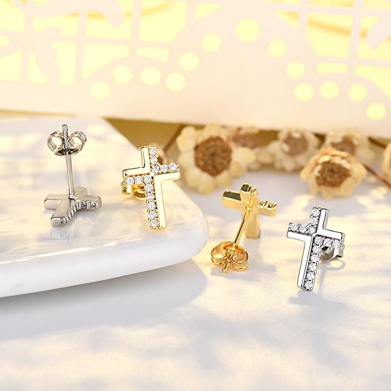 Простые серьги-гвоздики для женщин с крестообразным покрытием из настоящего золота, инкрустированные циркониевым темпераментом, универсальные аксессуары для сережек