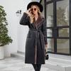2025 Winter Faux Leather Jacket Women Long Warm Plush Fur Collar Padded Coat Fashion Pocket Female PU Leather Parkas K18