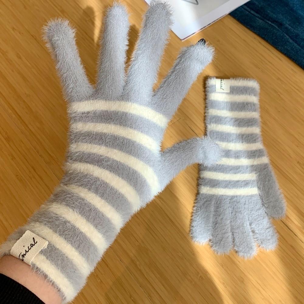Fuzzy Winter Warm Gloves Striped Pattern Full Finger Gloves Soft Thermal Gloves  For Women