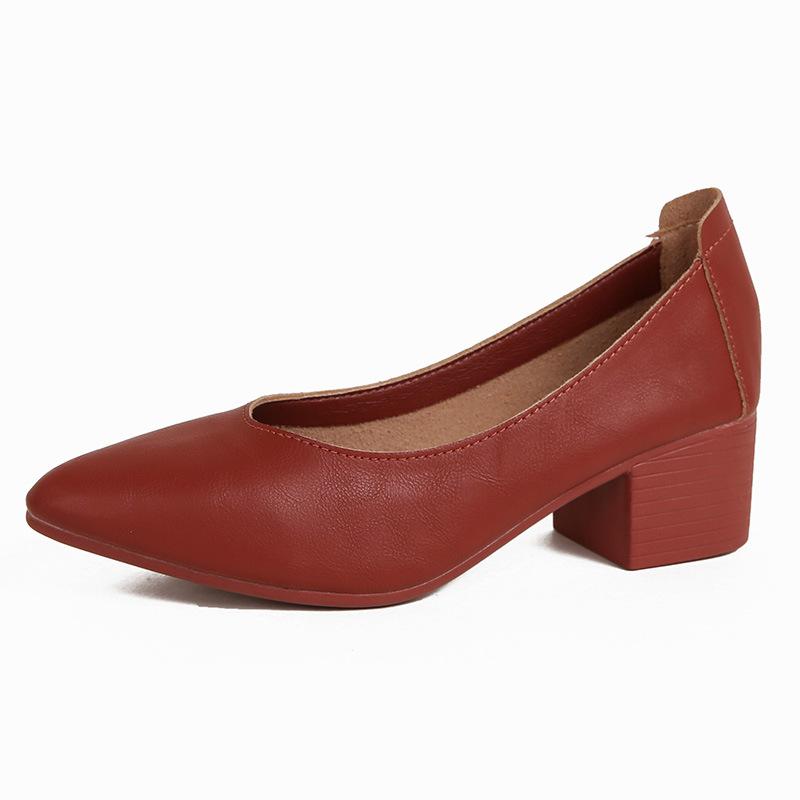 Кожаные туфли-лодочки на толстом каблуке 2025 новые универсальные фея ветер женские туфли с мелким вырезом на среднем каблуке размер женские туфли туфли бабушки универсальные
