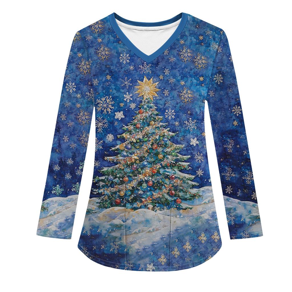 Женская модная рабочая одежда с V-образным вырезом, длинным рукавом и карманом, рождественский принт, футболка, топ