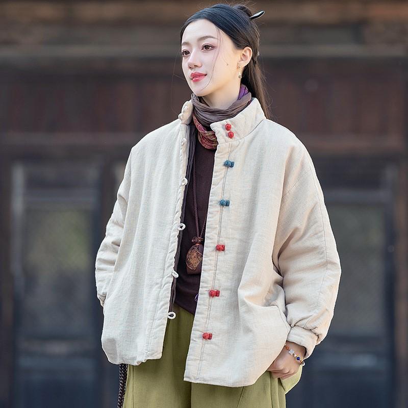 Johnature Women Vintage Solid Color Long Sleeve Winter Coats Button Chinese Style Warm Coats