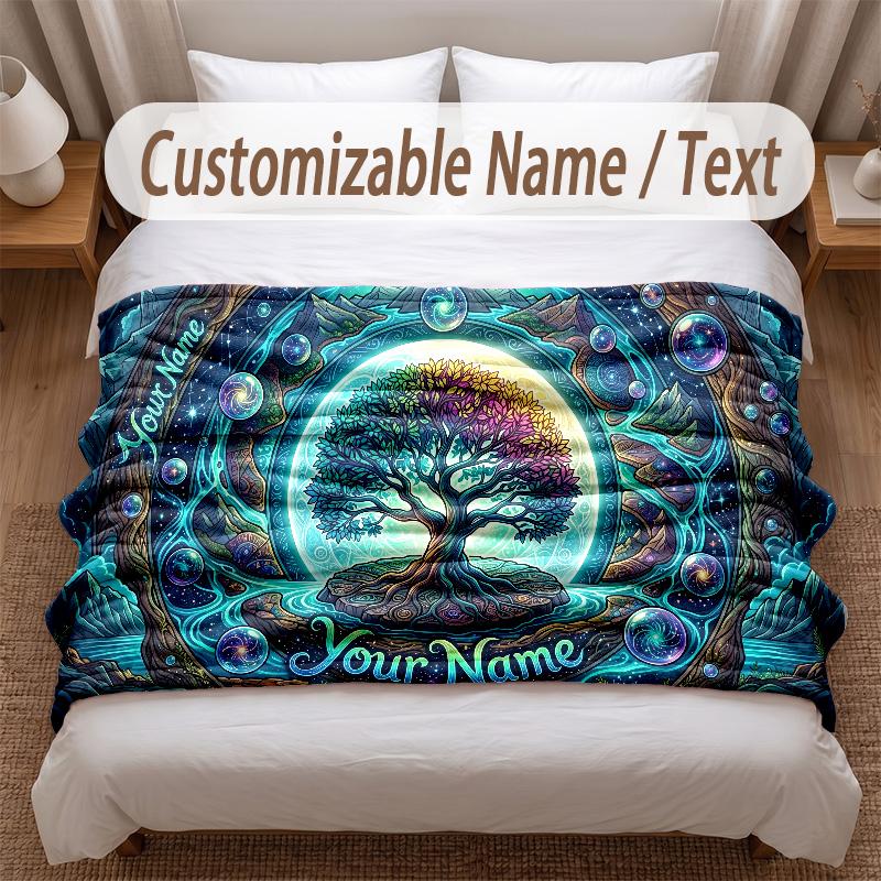 Tree of Life Theme Soft Blanket Personalized Custom Name Text Print Warm Blanket Home Sofa Bedroom Decor
