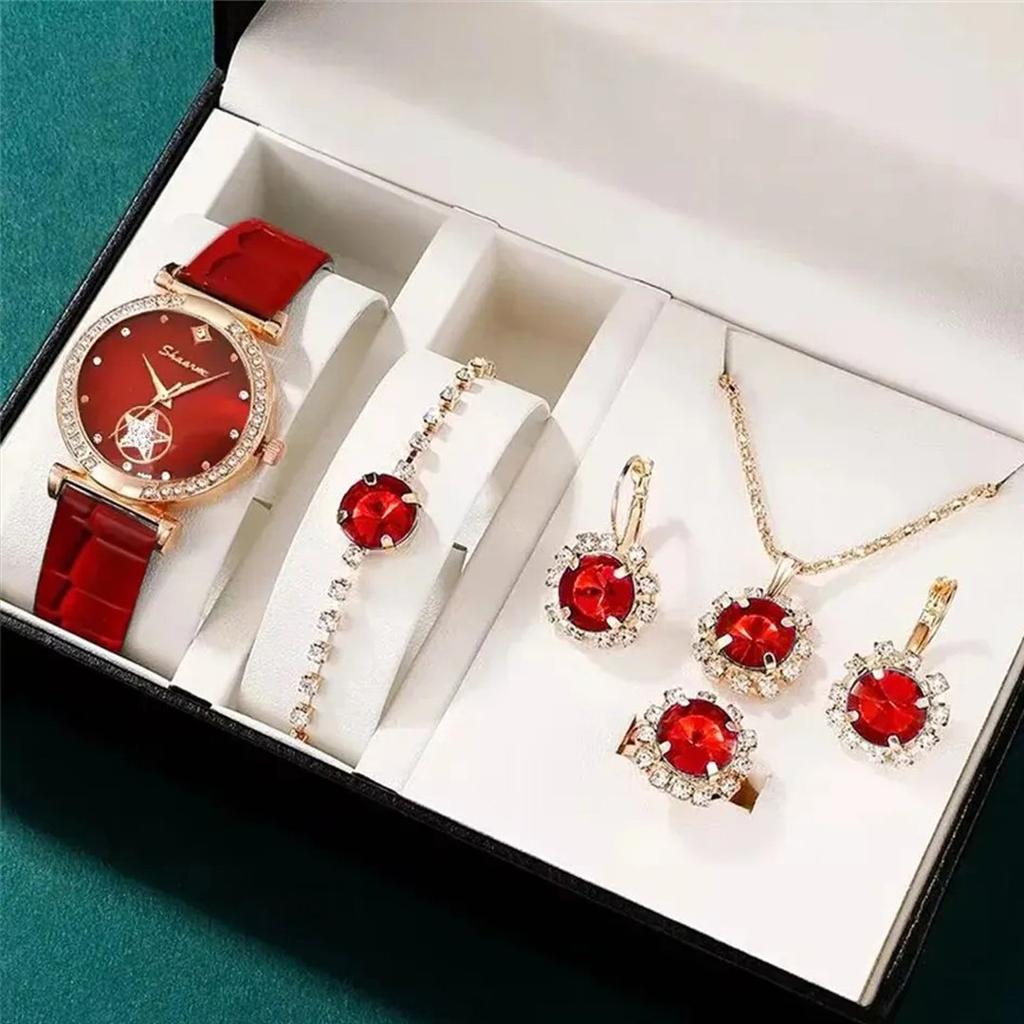 New Fashion Luxury 5PCS Watch Gift Set Women's Ring Necklace Earrings Watches Casual Women's Wristwatch Bracelet Set with Box