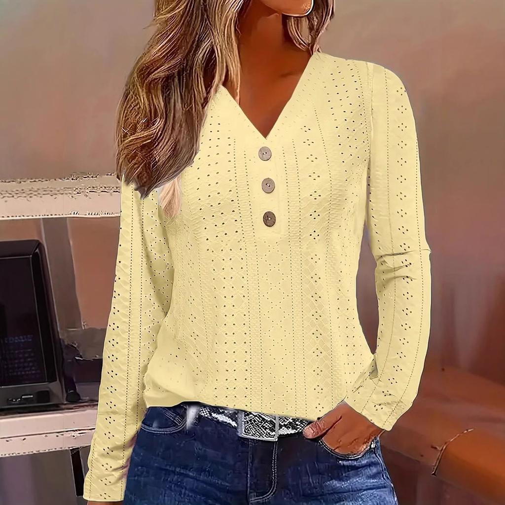 Женская однотонная модная футболка с V-образным вырезом и длинными рукавами на пуговицах