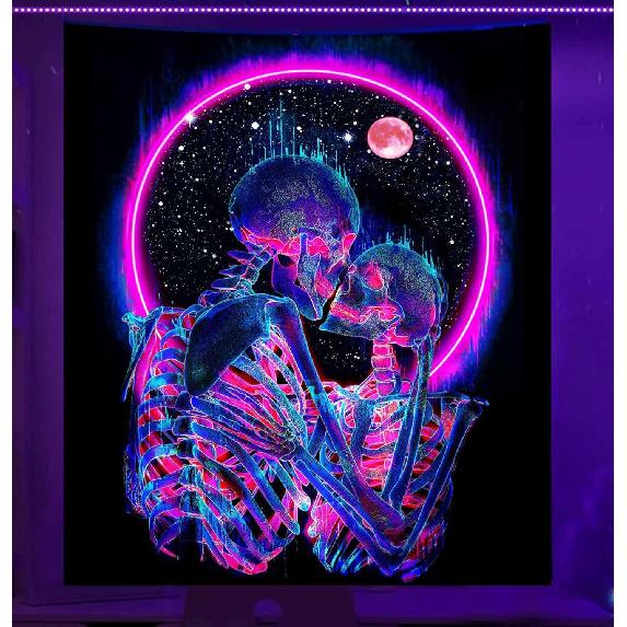 Onivein Blacklight Skull Tapestry Glow In The Dark Tapestry The Kissing Lovers UV Reactive Neon Moon Stars Tapestries Posters Wall Hanging for