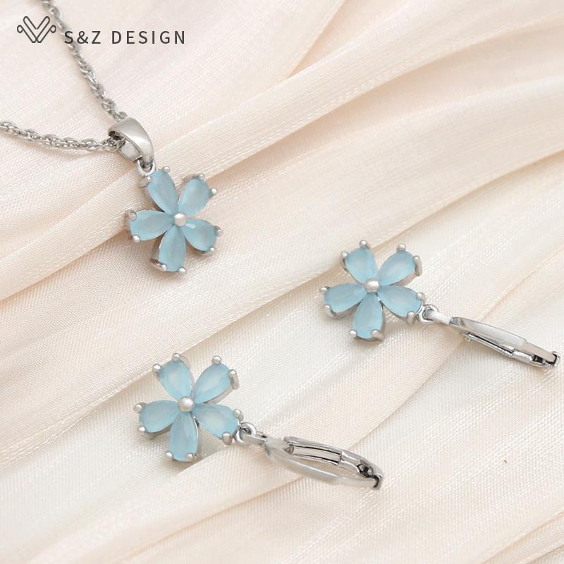 Stylish Rose Gold Color Cute Cubic Zirconia Flower Drop Earrings Jewelry Sets For Women Wedding Elegant Fashion Pendant Necklace