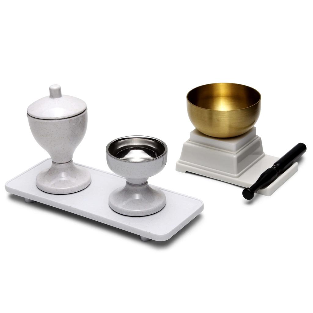 Soka Gakkai "Звук мира" Звонок с защитой от ржавчины, Набор для буддийского алтаря из 4 предметов (белый) - Включает кувшин для воды, кувшин для риса и поднос - Для мини-буддийских алтарей