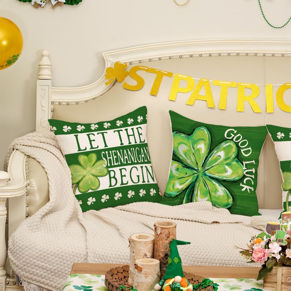 GEEORY Happy St. Patrick's Day Pillow Covers 18 x 18 Inch Set of 4, Green Shamrock Good Luck Leprechaun Hat Pinch Me Farmhouse Throw Pillowcases for