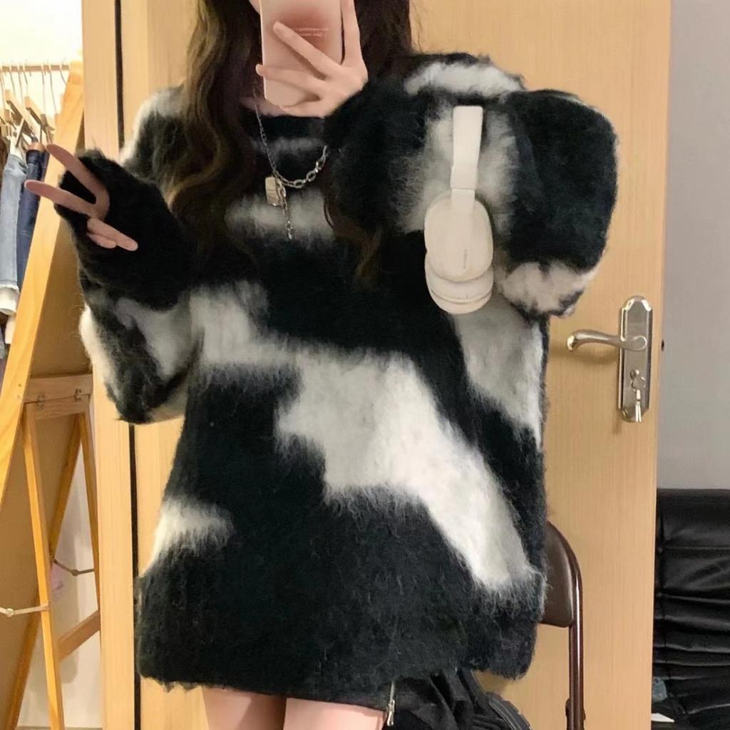 Женский осенне-зимний трикотажный плюшевый свитер-топ с длинным рукавом, круглым вырезом и цветными блоками