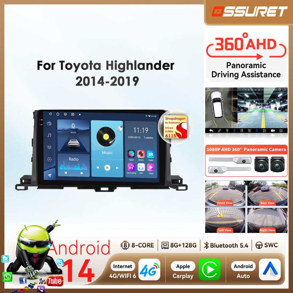 OSSURET 10.1"360 Камера Android 14 Автомагнитола Для Toyota Highlander 2014 2015 2016 - 2019 Мультимедиа Snapdragon 6115 Авторадио GPS Carplay