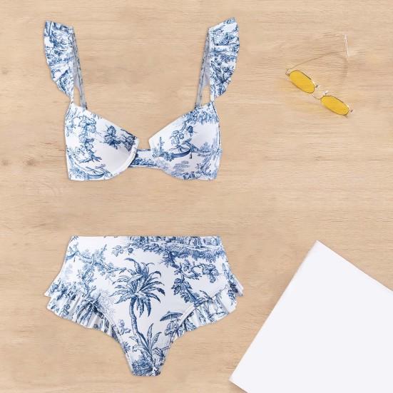 2Pcs/Set Women Summer Bikini Set Bohemia Style Ruffle Sleeve Bandeau Bra High