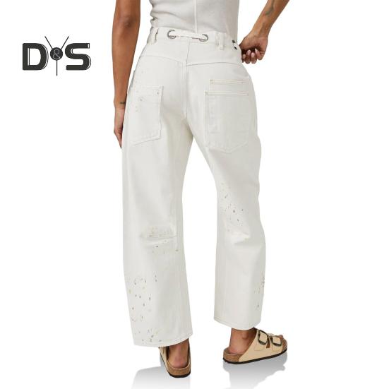 Women's Wide Leg Barrel Jeans Low Rise Drawstring Denim Ankle Pants Elastic Waist Stretchy Baggy Boyfriend Trouser