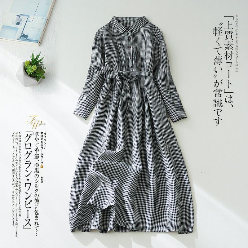 POLO collar 2025 весна и осень новое женское платье из хлопка и льна свободное повседневное платье в клетку со шнуровкой