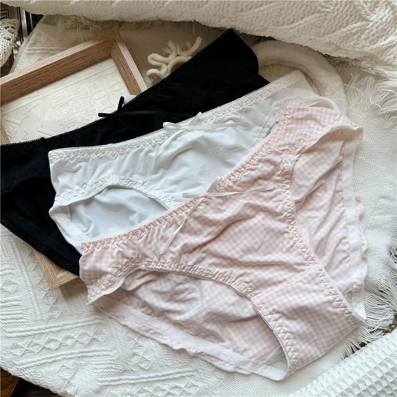 Женские милые женские трусики в клетку с милым рисунком из ледяной шелкографии и цветов в горошек с фланцами и низкой посадкой