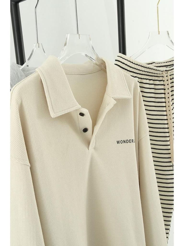 Ретро Толстовка-поло свободного кроя с длинным рукавом - Универсальный повседневный стиль для студентов и инфлюенсеров