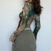 Long Sleeves Transparent Flower T-shirt Pleated Slim Crop Tops  Spring Summer