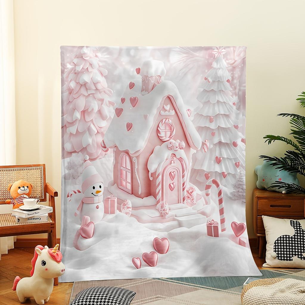 1pc Pink Candy House Design Blanket ,Sofa, Bed, Travel, Lunch Break, Flannel Blanket.