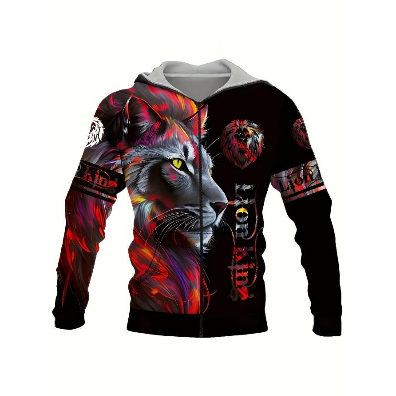Lion 3d Print Hoodies For Men, Graphic Hoodie With Kangaroo Pocket, Comfy Loose Trendy Hooded Pullover, Mens Clothing for Winter