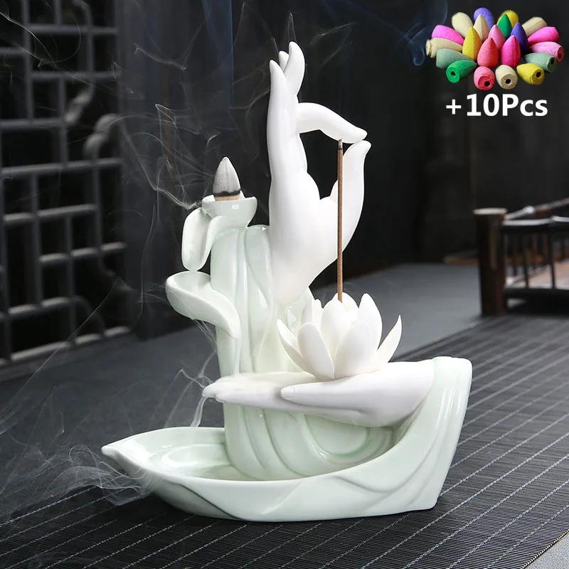 Gift 10Cones Ceramic Incense Censer Buddha Hand Backflow Incense Burner Lotus Incense Stick Holder