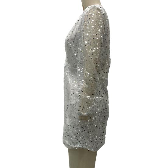 Women's Sexy Sequin Bodycon Dress Sheer Long Sleeve Deep V Neck Mini Dress Sparkly Evening Party Dress for Night Clubs